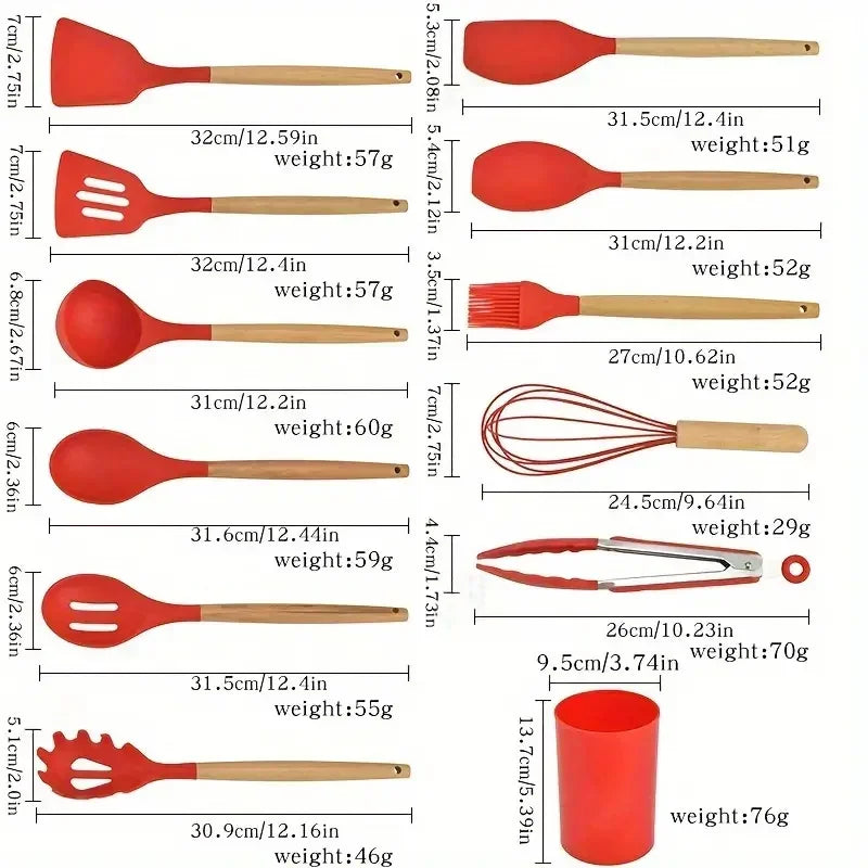 12-Piece Silicone Kitchen Utensil Set with Wooden Handles