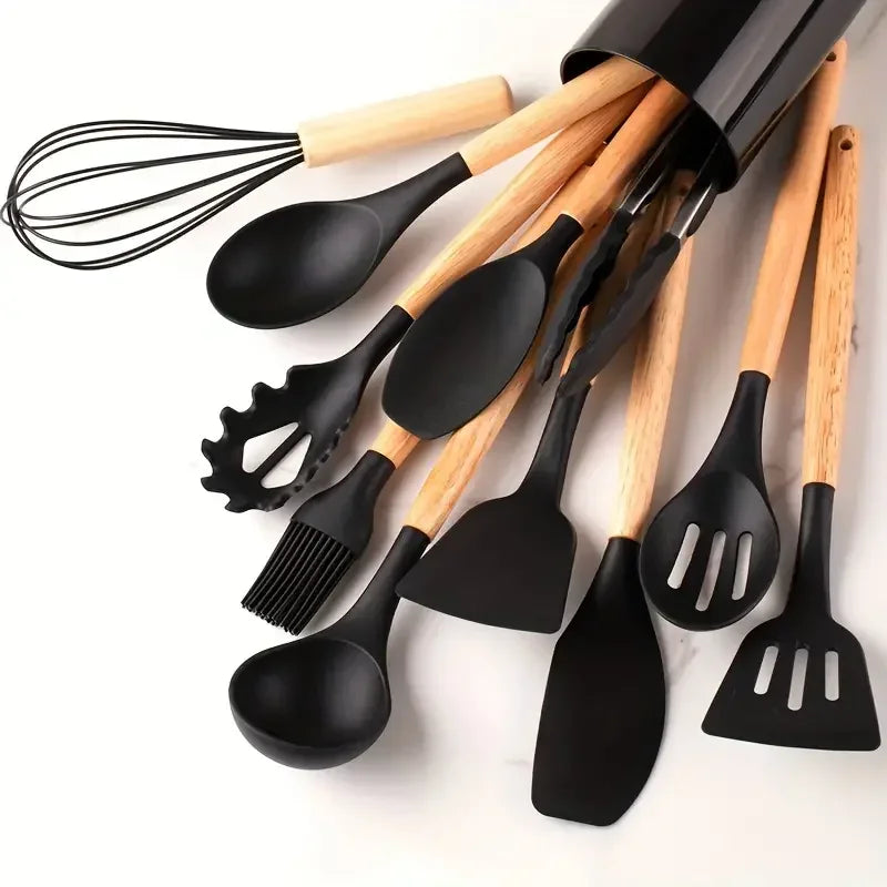 12-Piece Silicone Kitchen Utensil Set with Wooden Handles