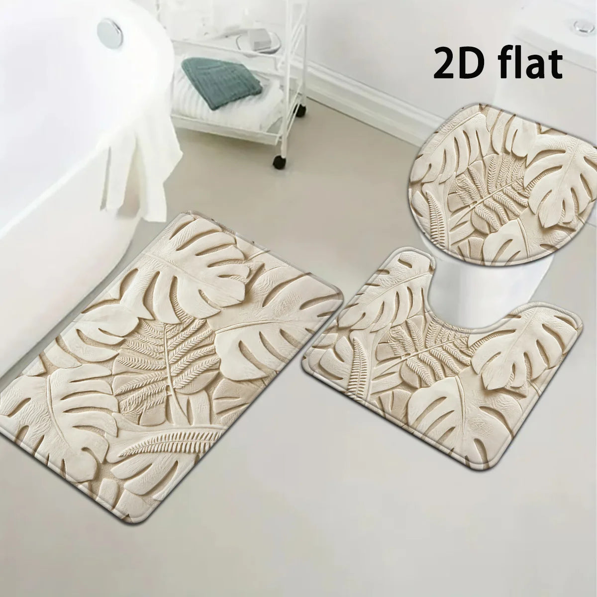 Beige Palm Leaf 3-Piece Bathroom Mat Set