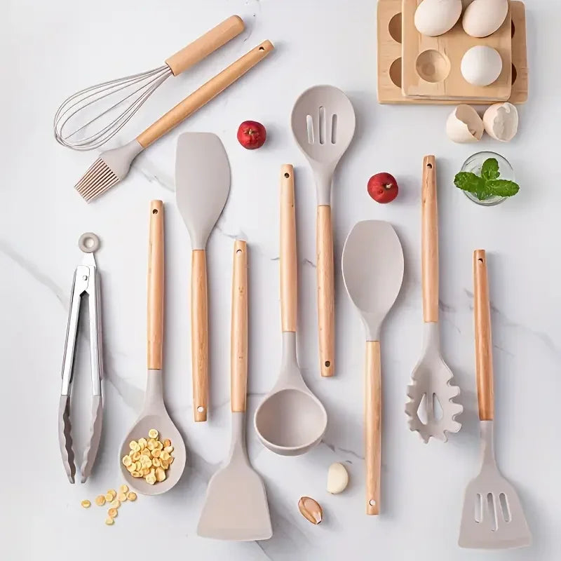 12-Piece Silicone Kitchen Utensil Set with Wooden Handles