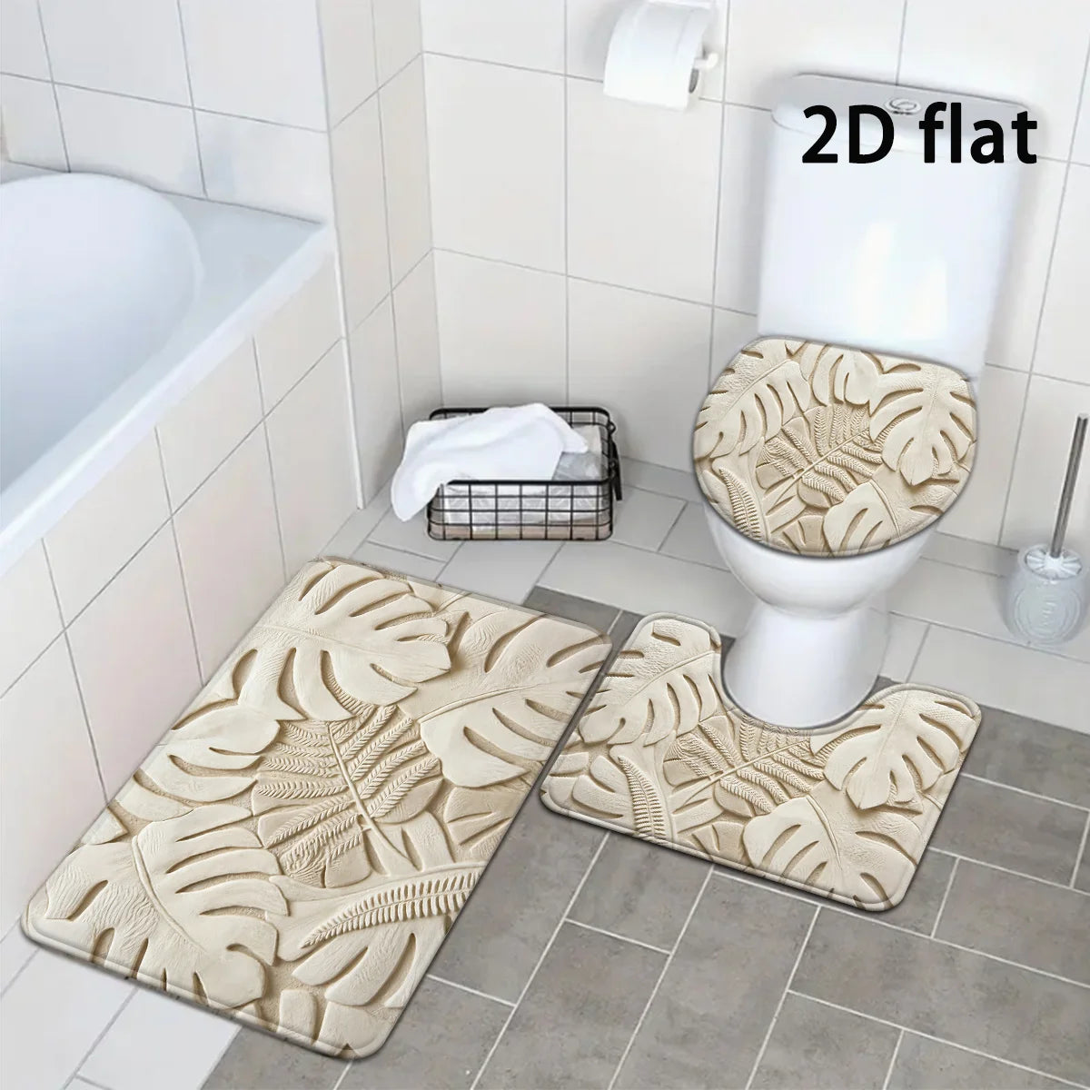 Beige Palm Leaf 3-Piece Bathroom Mat Set