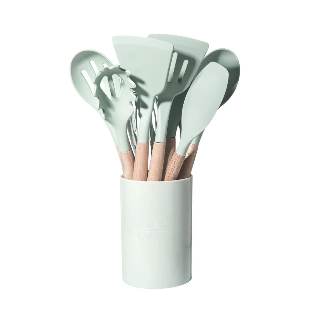 12-Piece Silicone Kitchen Utensil Set with Wooden Handles