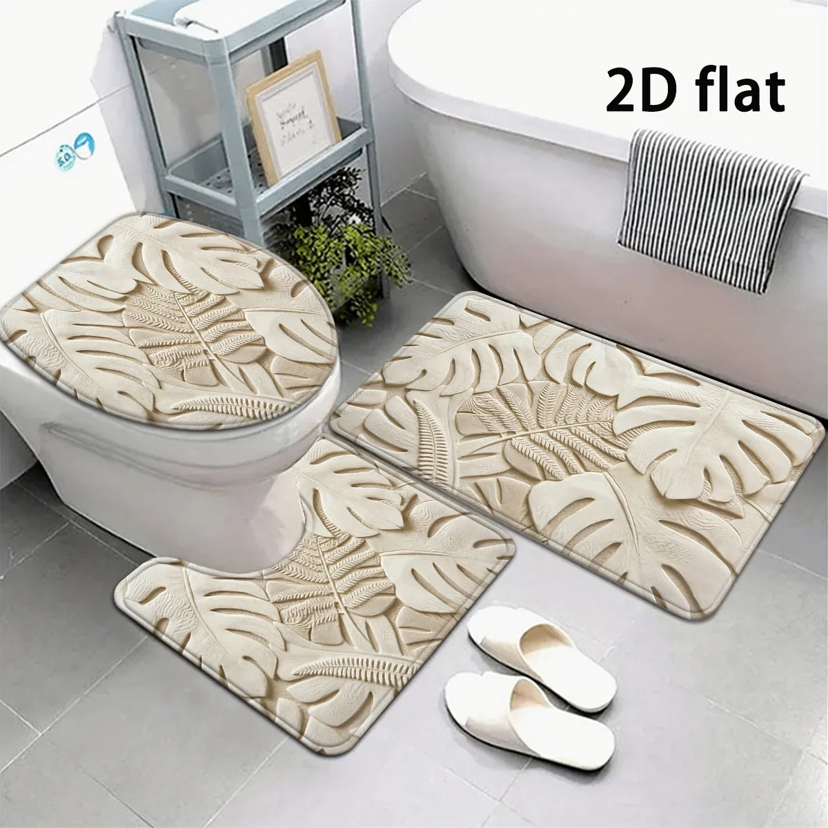 Beige Palm Leaf 3-Piece Bathroom Mat Set