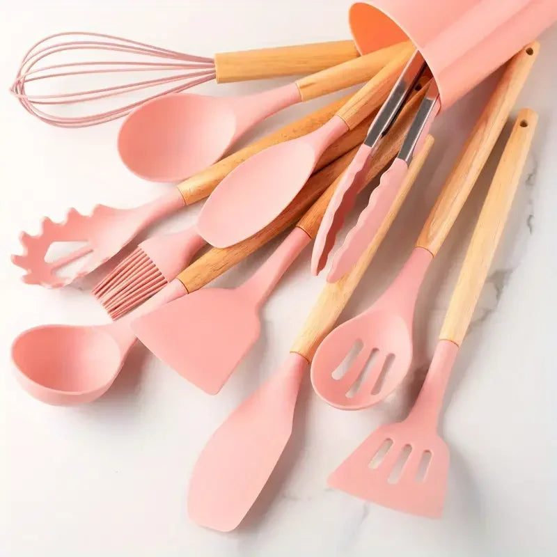 12-Piece Silicone Kitchen Utensil Set with Wooden Handles