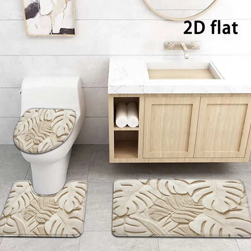 Beige Palm Leaf 3-Piece Bathroom Mat Set