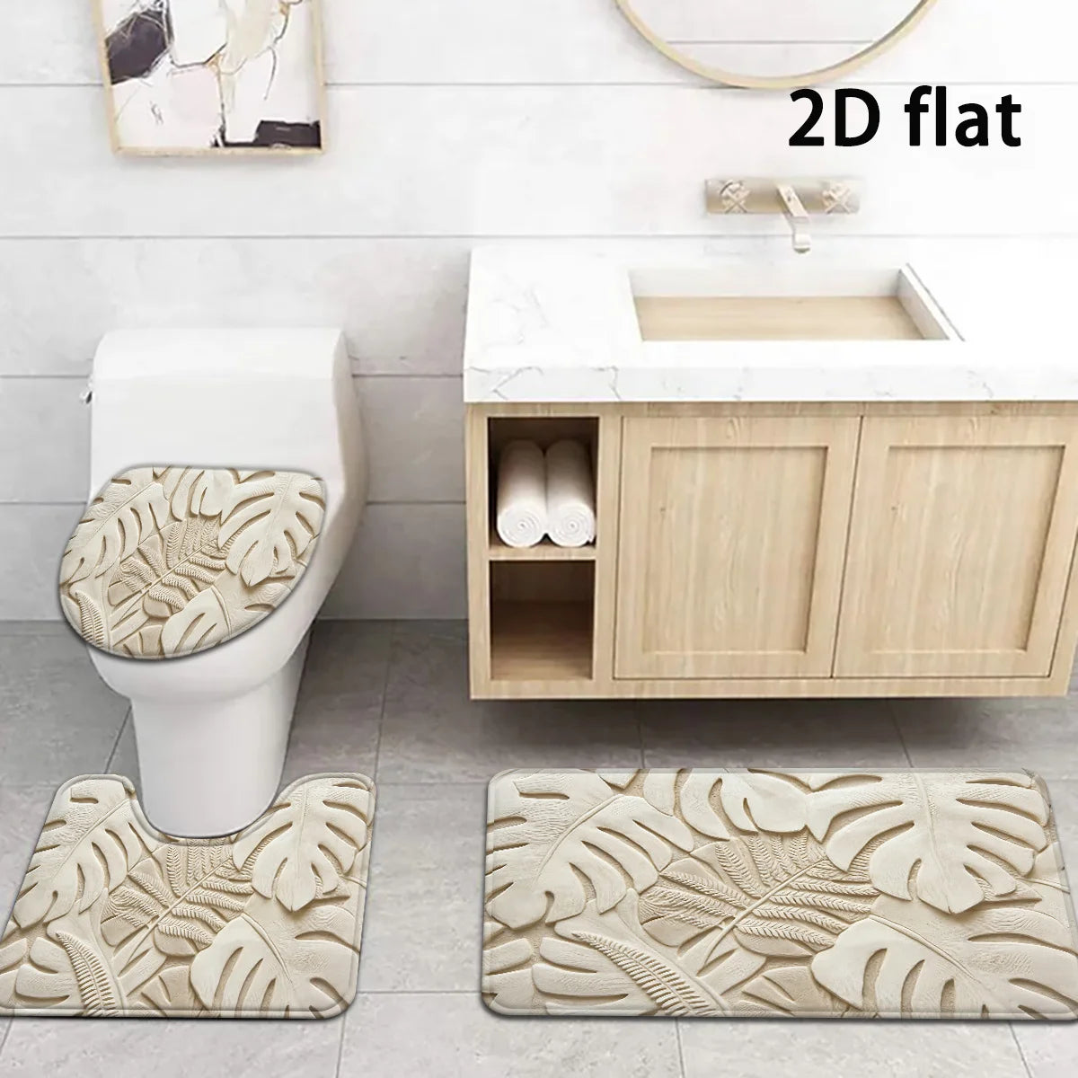 Beige Palm Leaf 3-Piece Bathroom Mat Set
