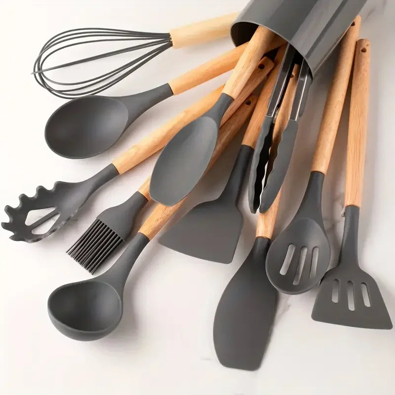 12-Piece Silicone Kitchen Utensil Set with Wooden Handles